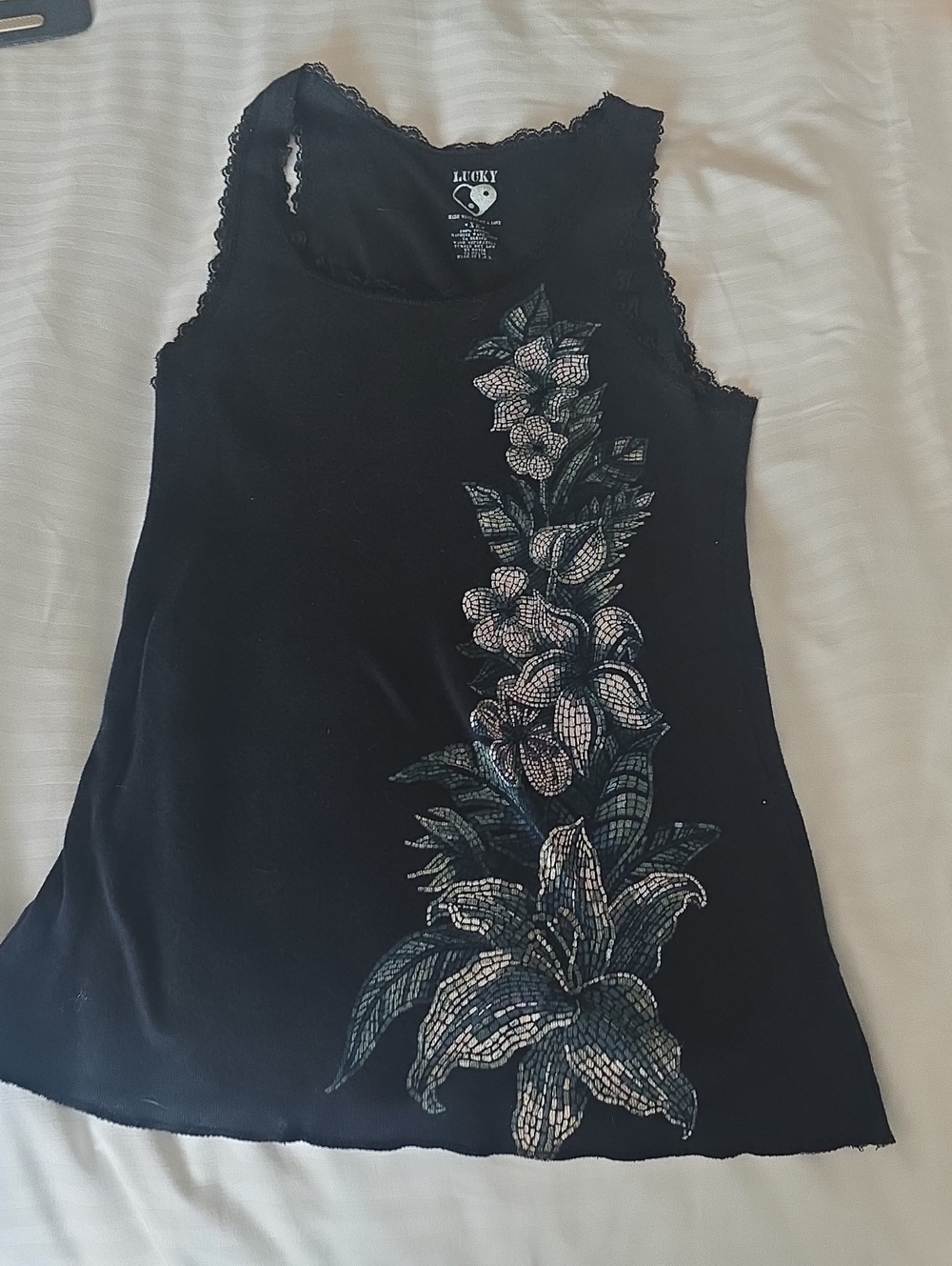 Lucky Brand Y2k Black Tank Top with Floral Print and Lace Trim Xs